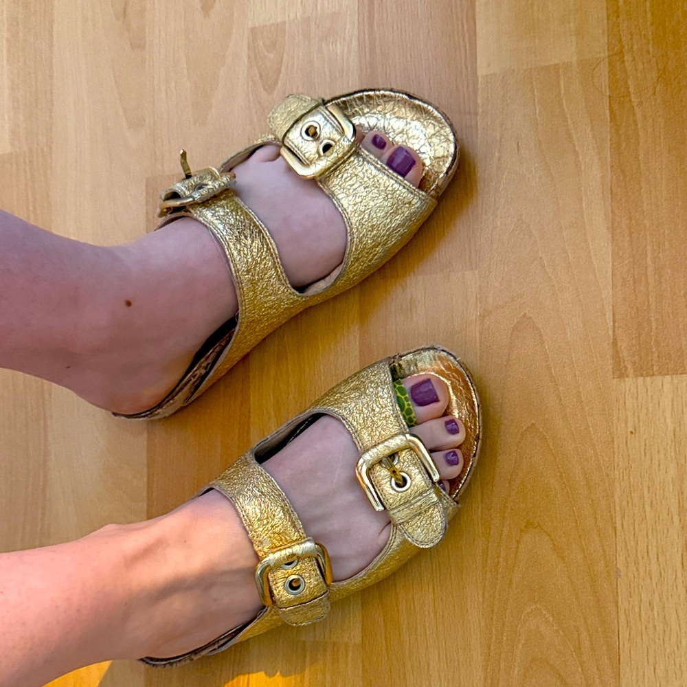 Stuart Weitzman Gold Foil Buckle Sandals